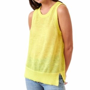 White + Warren Linen Blend Crocheted Tank Top Neon Yellow Lightweight